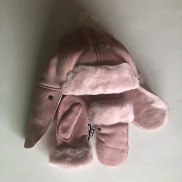 UGG KIDS LEATHER & REAL SHEARLING TRAPPER HAT AND MITTENS SET. SHEEPSKIN - Picture 4 of 16